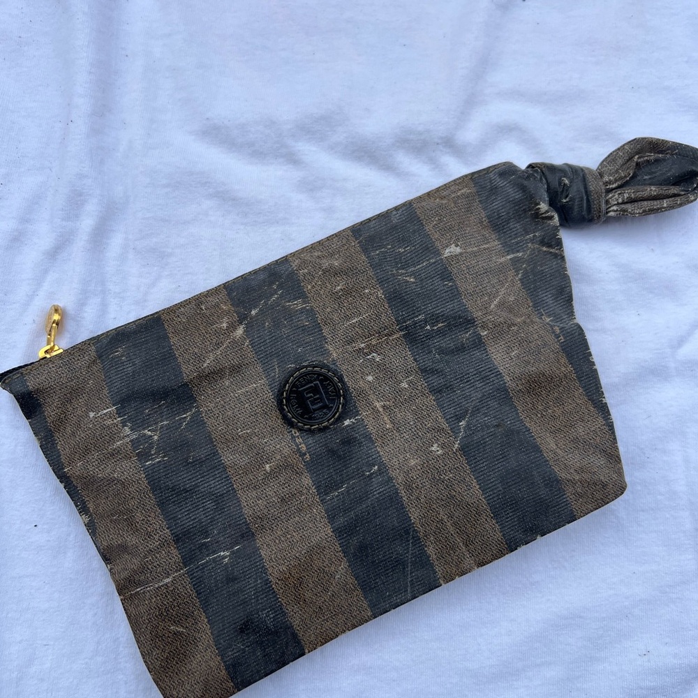 Vintage 70s fendi Striped Brown & Black Canvas Wristlet Pouch #2257–25756-079